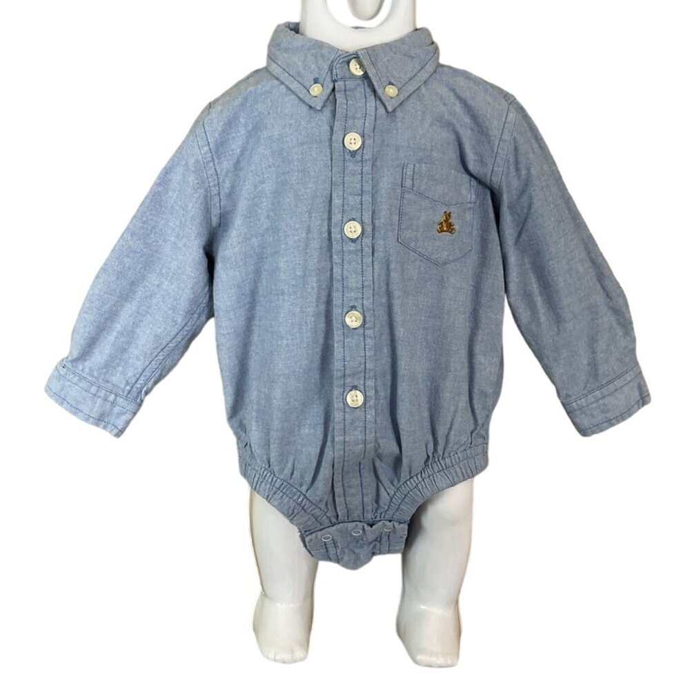 Baby Gap Long Sleeve Chambray Button-Down Bodysuit 12-18 Mos Embroidered Bear